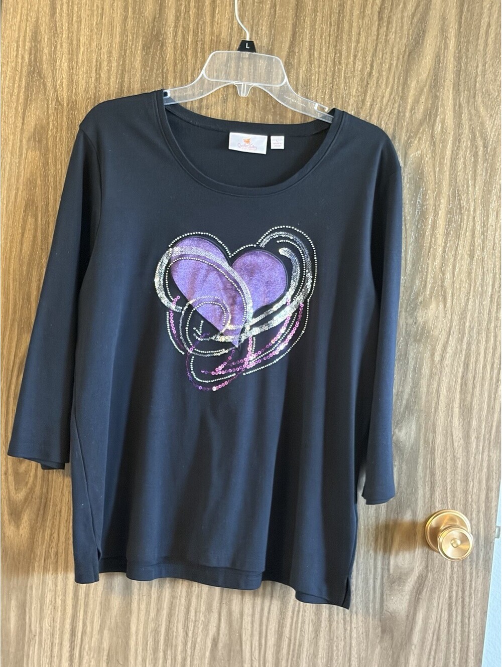 Quacker Factory L Black Bling Heart Tee Round Neck 3/4 Sleeve Sequins,Studs
